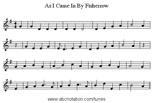 As I Came In By Fisherrow - staff notation