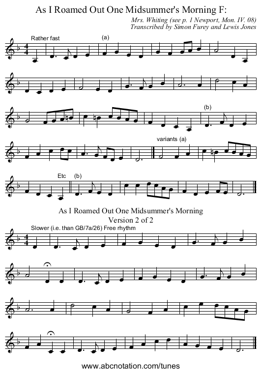 As I Roamed Out One Midsummer's Morning F: - staff notation
