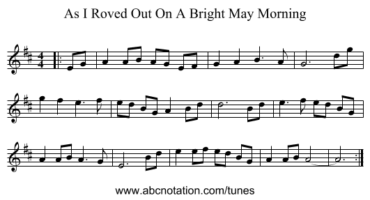 As I Roved Out On A Bright May Morning - staff notation