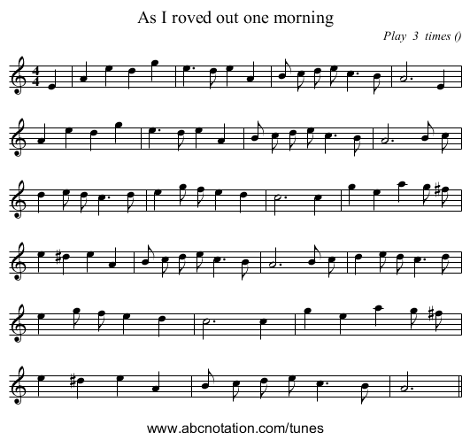 As I roved out one morning - staff notation