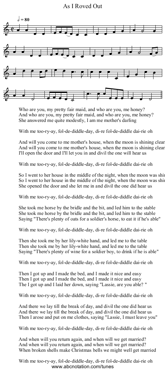 As I Roved Out - staff notation