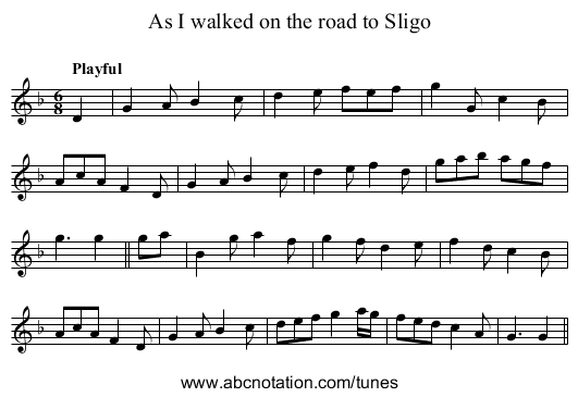 As I walked on the road to Sligo - staff notation