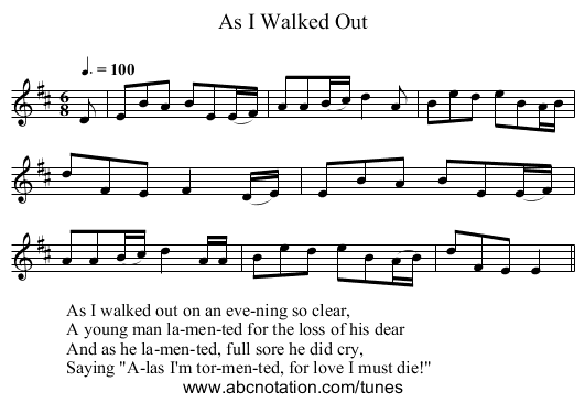 As I Walked Out - staff notation