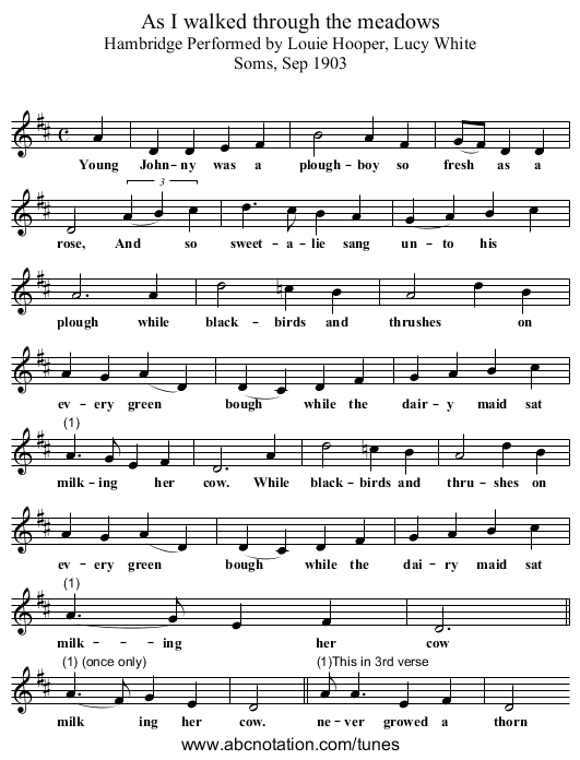 As I walked through the meadows - staff notation