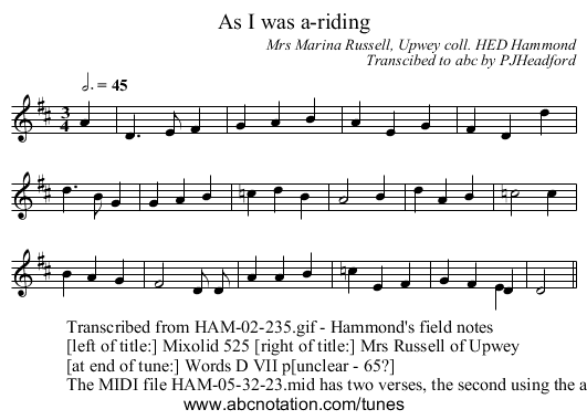 As I was a-riding - staff notation
