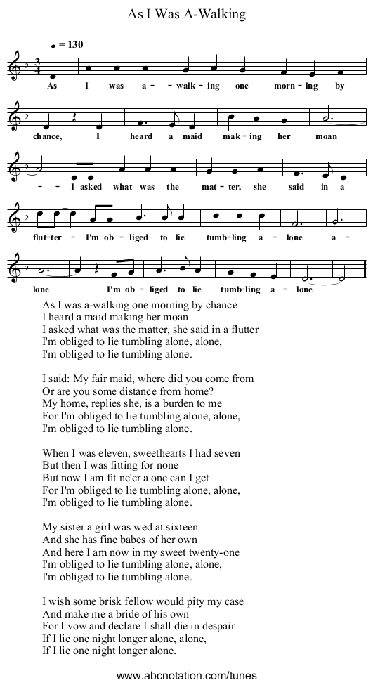 As I Was A-Walking - staff notation