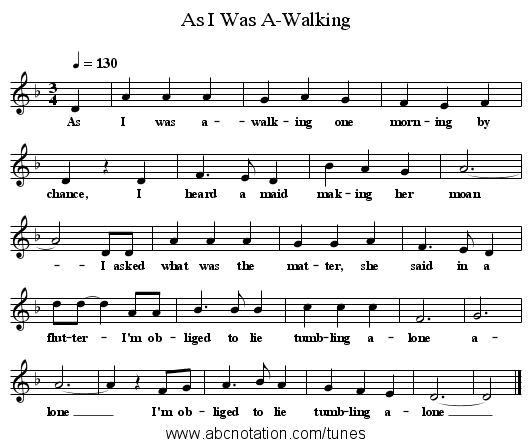 As I Was A-Walking - staff notation