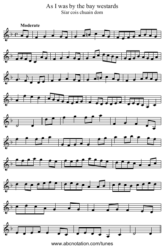 As I was by the bay westards - staff notation