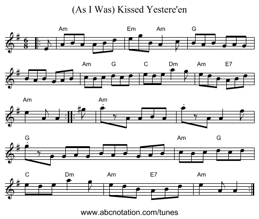 (As I Was) Kissed Yestere'en - staff notation