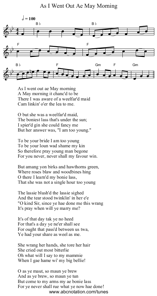 As I Went Out Ae May Morning - staff notation