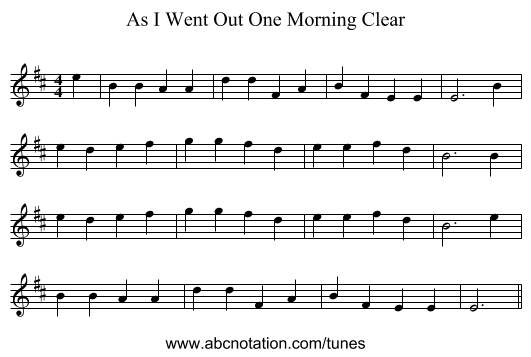 As I Went Out One Morning Clear - staff notation
