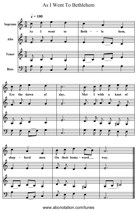 As I Went To Bethlehem - staff notation