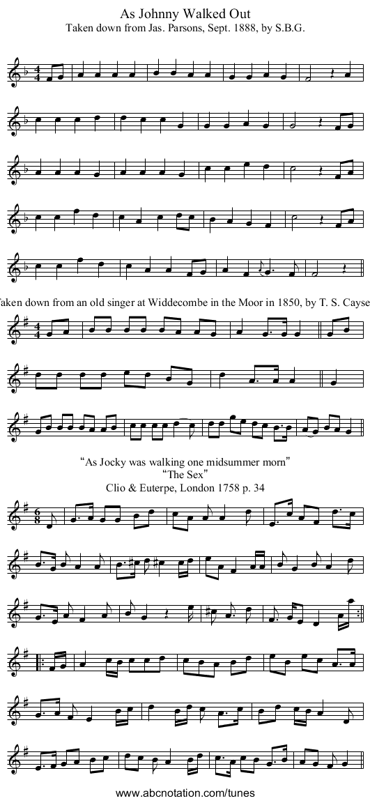 As Johnny Walked Out - staff notation