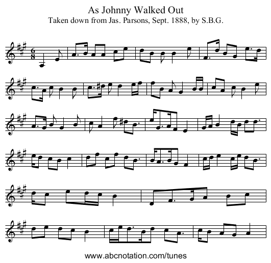 As Johnny Walked Out - staff notation