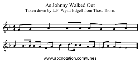 As Johnny Walked Out - staff notation