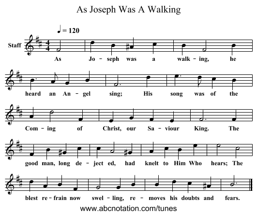 As Joseph Was A Walking - staff notation