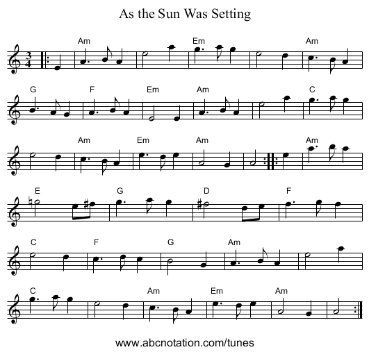 As the Sun Was Setting - staff notation