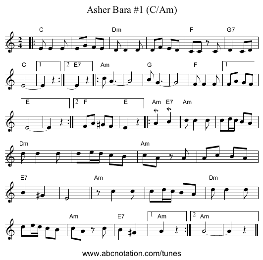 Asher Bara #1 (C/Am) - staff notation
