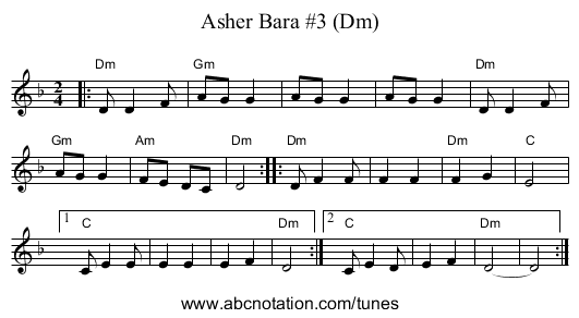 Asher Bara #3 (Dm) - staff notation
