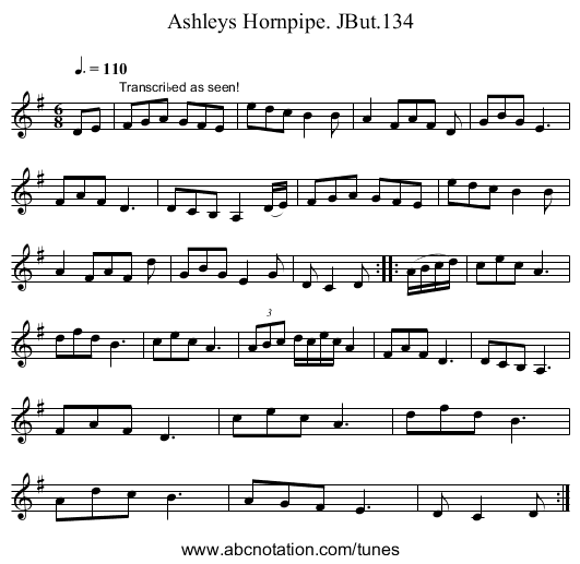 Ashleys Hornpipe. JBut.134 - staff notation