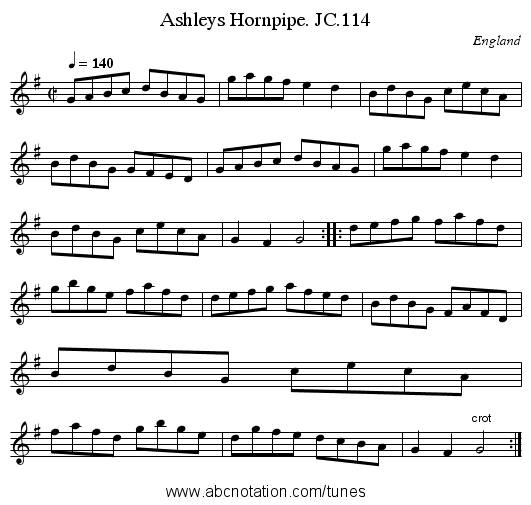 Ashleys Hornpipe. JC.114 - staff notation