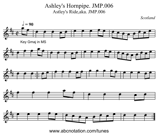Ashley's Hornpipe. JMP.006 - staff notation
