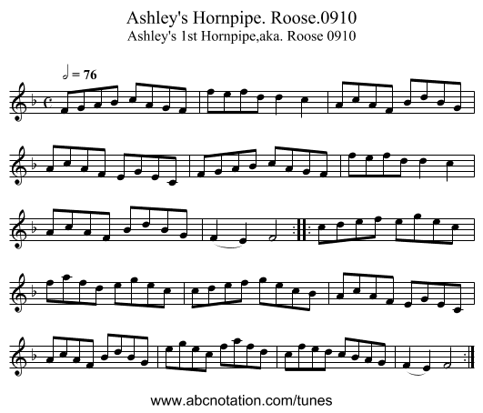 Ashley's Hornpipe. Roose.0910 - staff notation