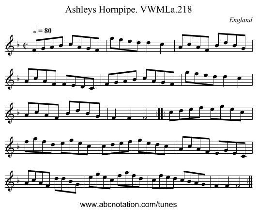 Ashleys Hornpipe. VWMLa.218 - staff notation