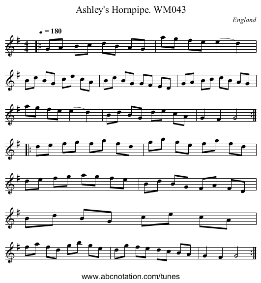 Ashley's Hornpipe. WM043 - staff notation