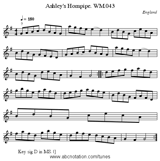 Ashley's Hornpipe. WM.043 - staff notation