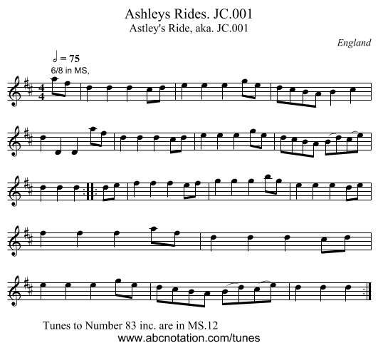 Ashleys Rides. JC.001 - staff notation