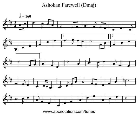 Ashokan Farewell (Dmaj) - staff notation