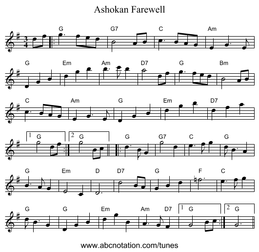 Ashokan Farewell - staff notation