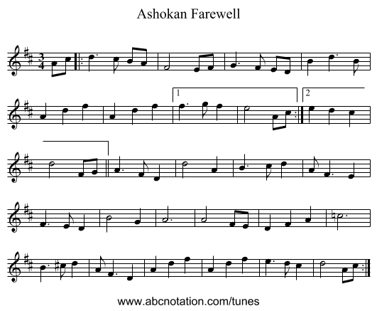Ashokan Farewell - staff notation