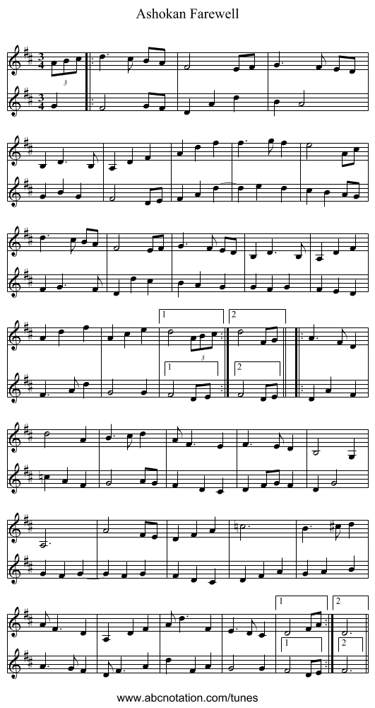 Ashokan Farewell - staff notation