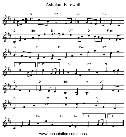 Ashokan Farewell - staff notation