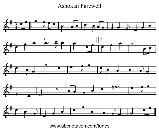 Ashokan Farewell - staff notation