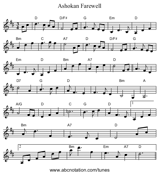 Ashokan Farewell - staff notation