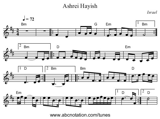 Ashrei Hayish - staff notation