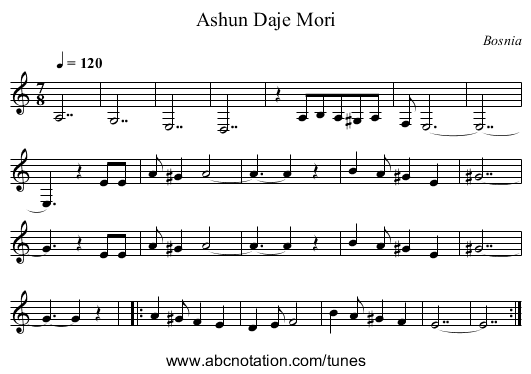 Ashun Daje Mori - staff notation