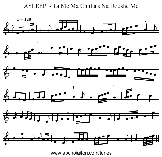 ASLEEP1- Ta Me Ma Chulla's Na Doushe Me - staff notation