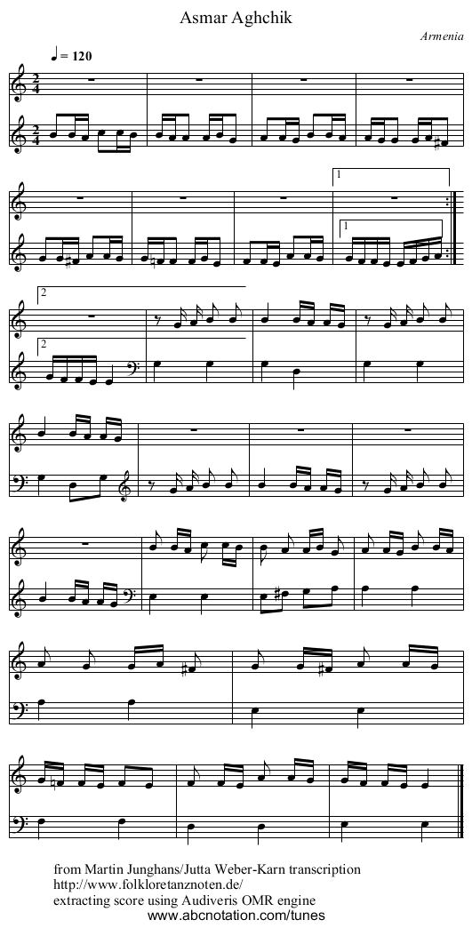 Asmar Aghchik - staff notation