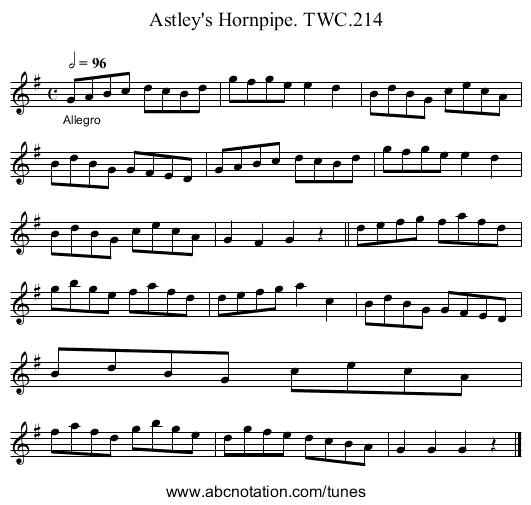 Astley's Hornpipe. TWC.214 - staff notation