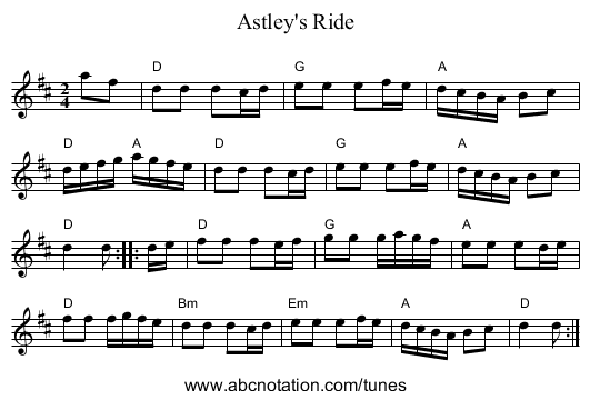 Astley's Ride - staff notation