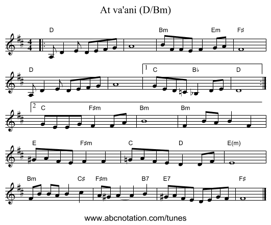 At va'ani (D/Bm) - staff notation