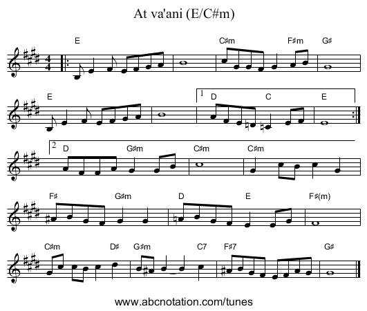 At va'ani (E/C#m) - staff notation