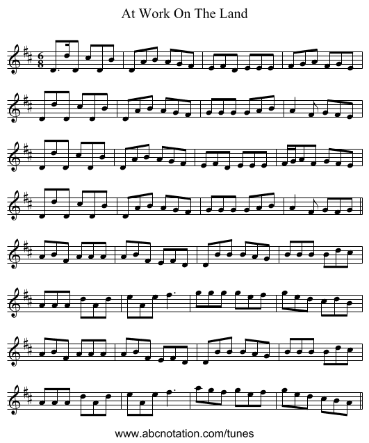 At Work On The Land - staff notation