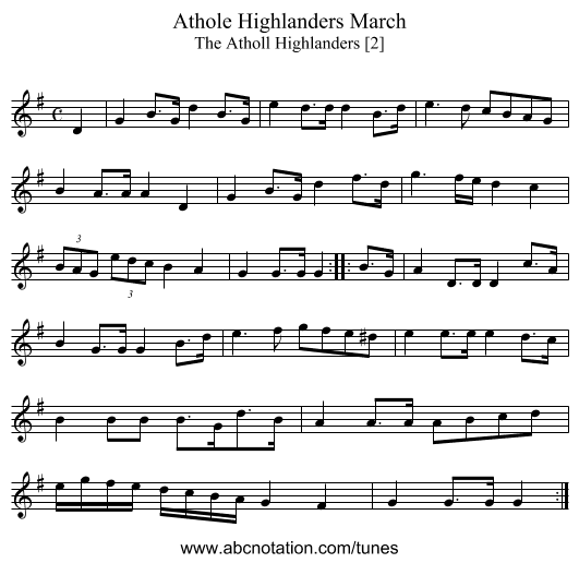 Athole Highlanders March - staff notation