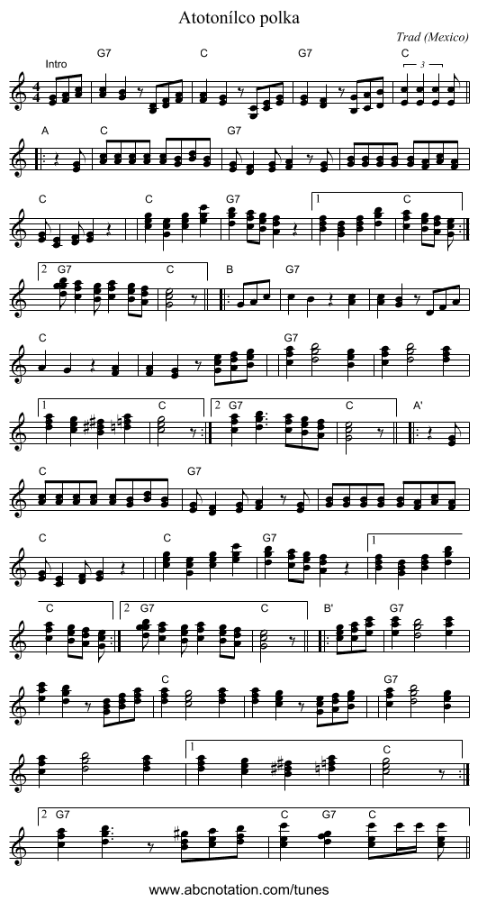 Atoton&iacute;lco polka - staff notation