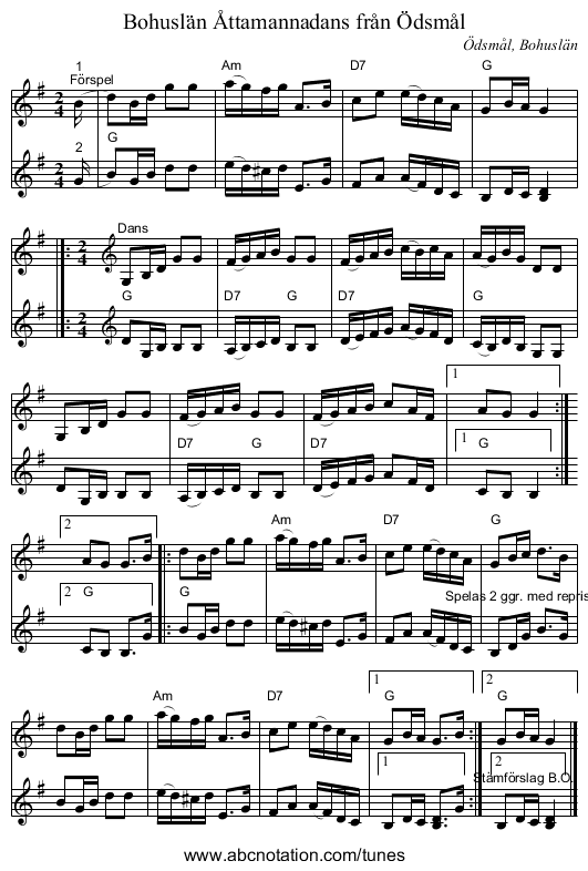 Åttamannadans från Ödsmål, Bohuslän - staff notation